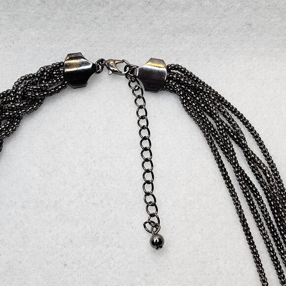 Multi Layered Half Braid Necklace Gunmetal Silver Chain Long Asymmetric Style - Picture 5 of 6